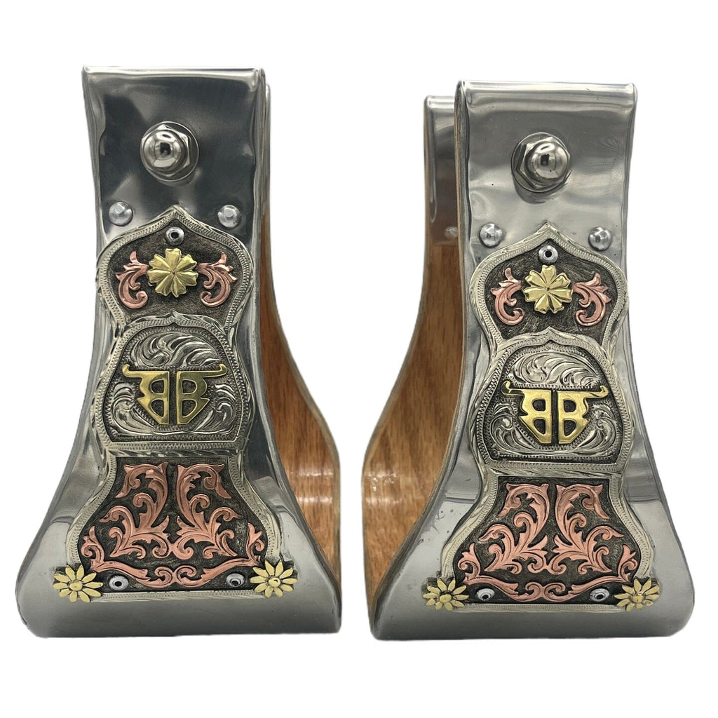 New Wide 5 Metal Bound Bell Stirrups, With Saddle Tan Basket Weave Tooling G E New Wide 5 Metal Bound Bell Stirrups, With Saddle Tan Basket Weave Tooling G E