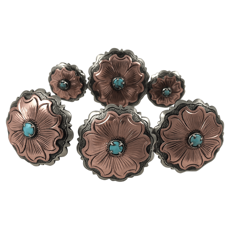 Antique Copper Flower Concho With Blue Turquoise Center | 30mm Screwback For Belts & Bags